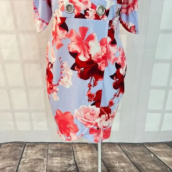 Venus light blue floral short puff sleeve grommet cutout waist summer party dres - Picture 3 of 13